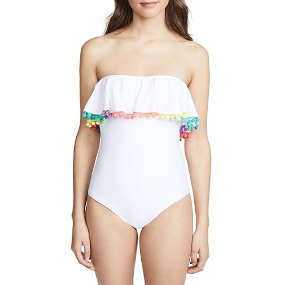 PilyQ Neon Pom Pom Flutter One Piece Swimsuit in Spa White Sz. M NWT